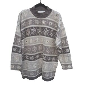 Chaus Woman Vintage Snowflake Fair Isle Rhinestone Sweater Grey Plus 1X Holiday